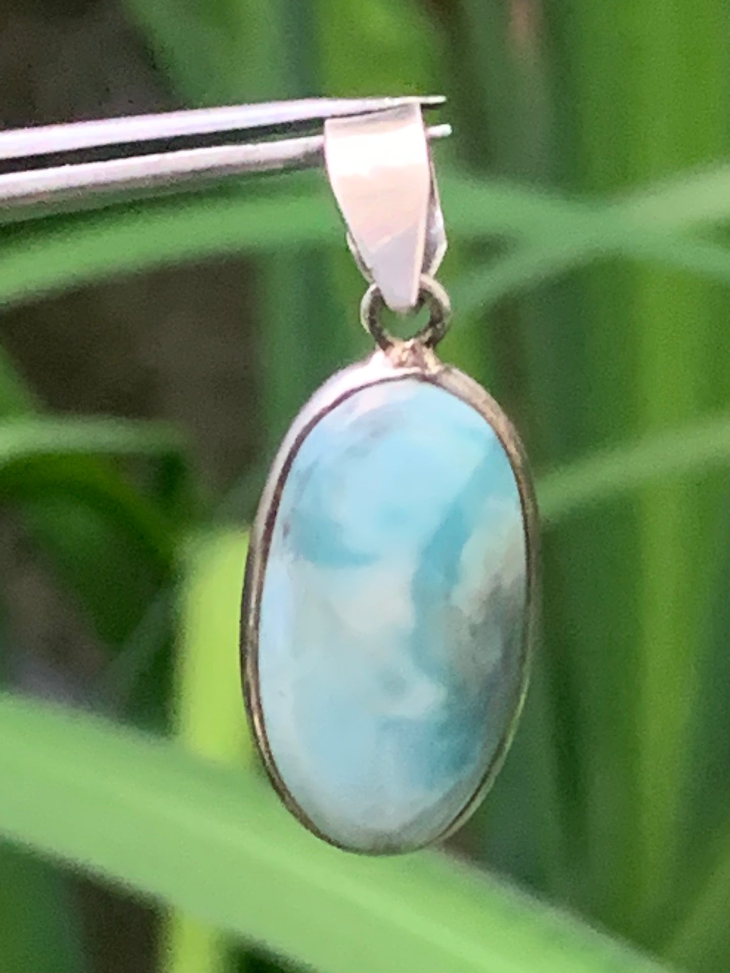 Larimar, Silver pendant, 35 mm high x 14 mm wide x 6 mm thick. Sold with a free adjustable black cord!