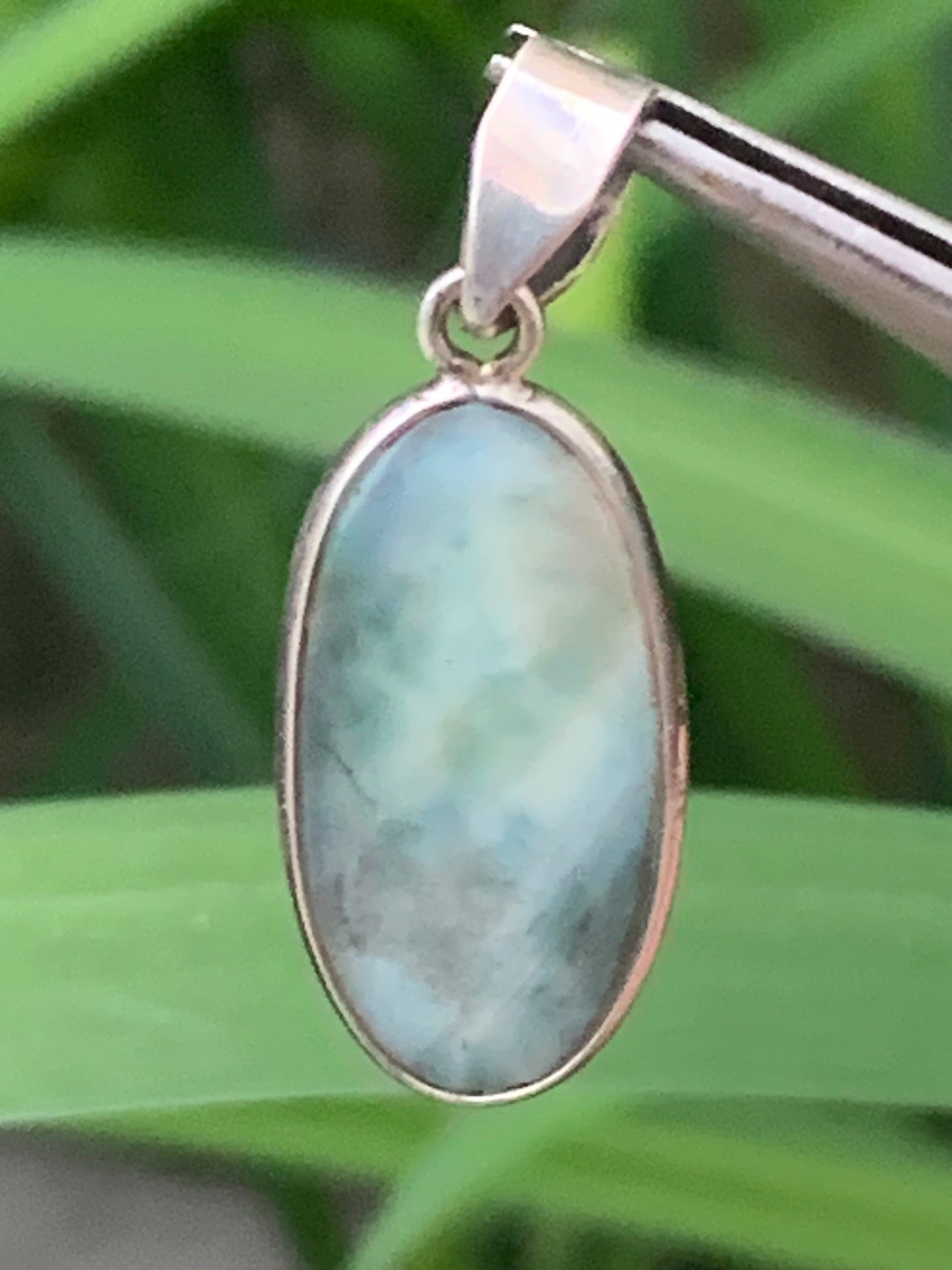 Larimar, Silver pendant, 35 mm high x 14 mm wide x 6 mm thick. Sold with a free adjustable black cord!