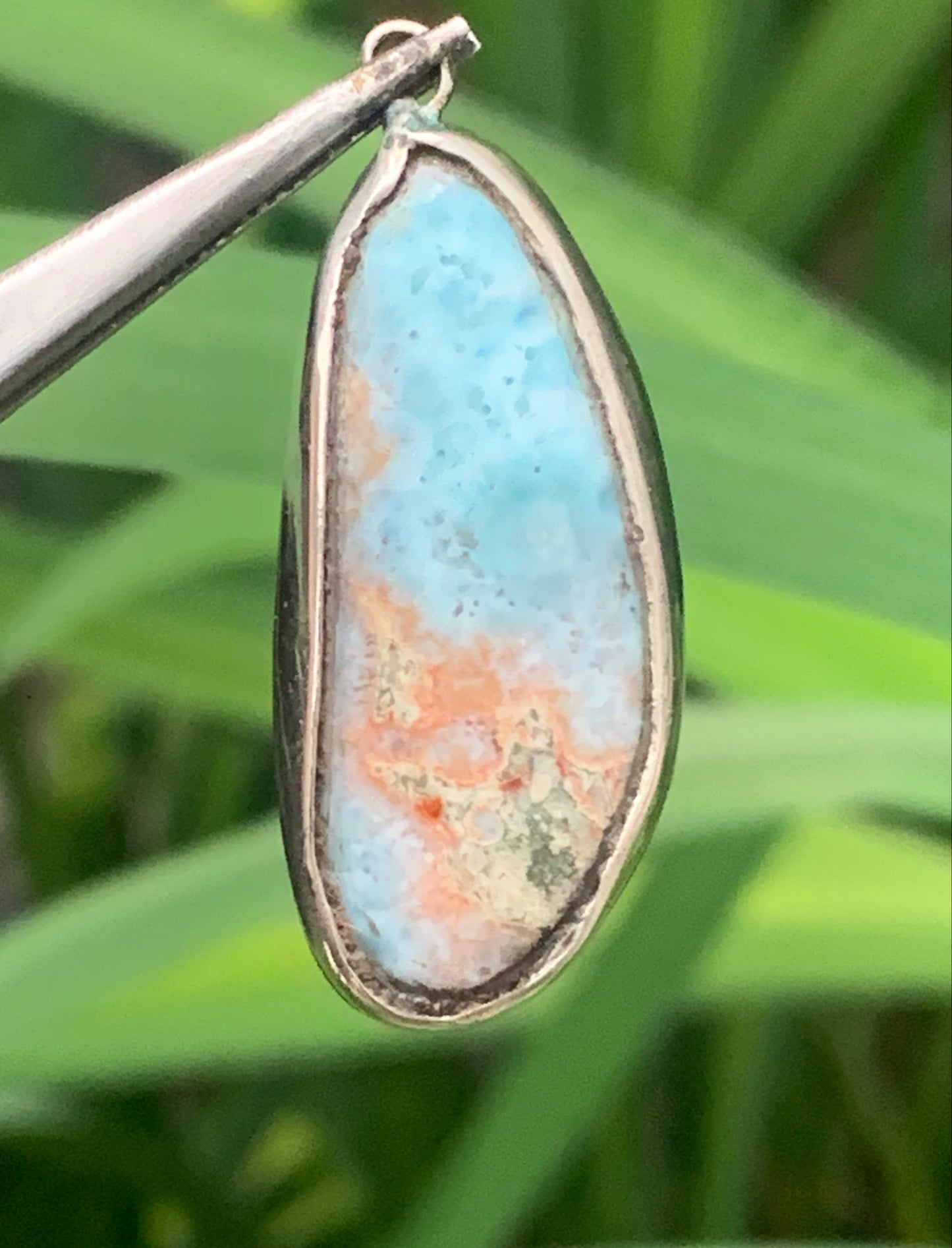 Larimar, Silver pendant, 37 mm high x 15 mm wide x 5 mm thick. Sold with a free adjustable black cord!