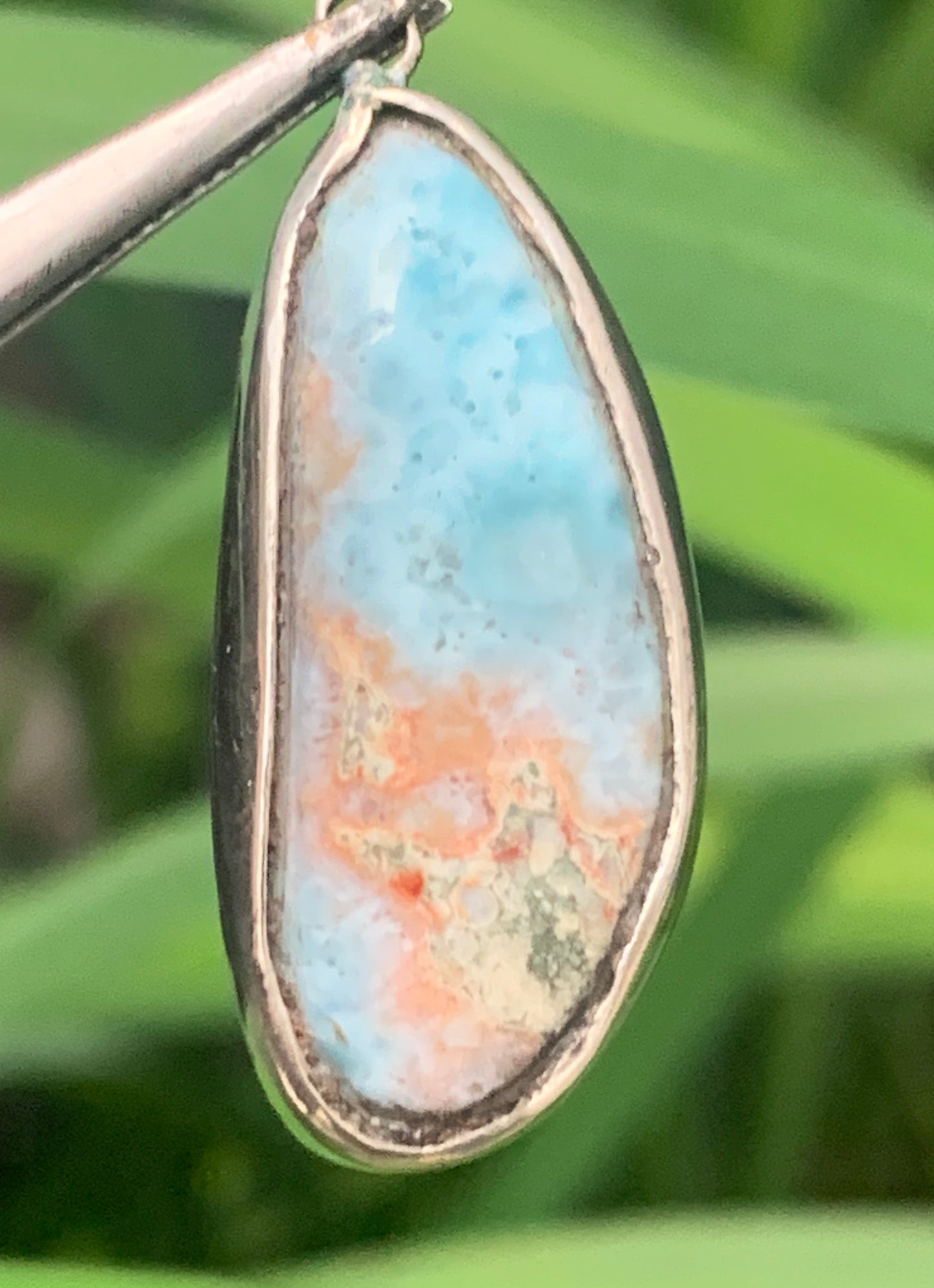 Larimar, Silver pendant, 37 mm high x 15 mm wide x 5 mm thick. Sold with a free adjustable black cord!