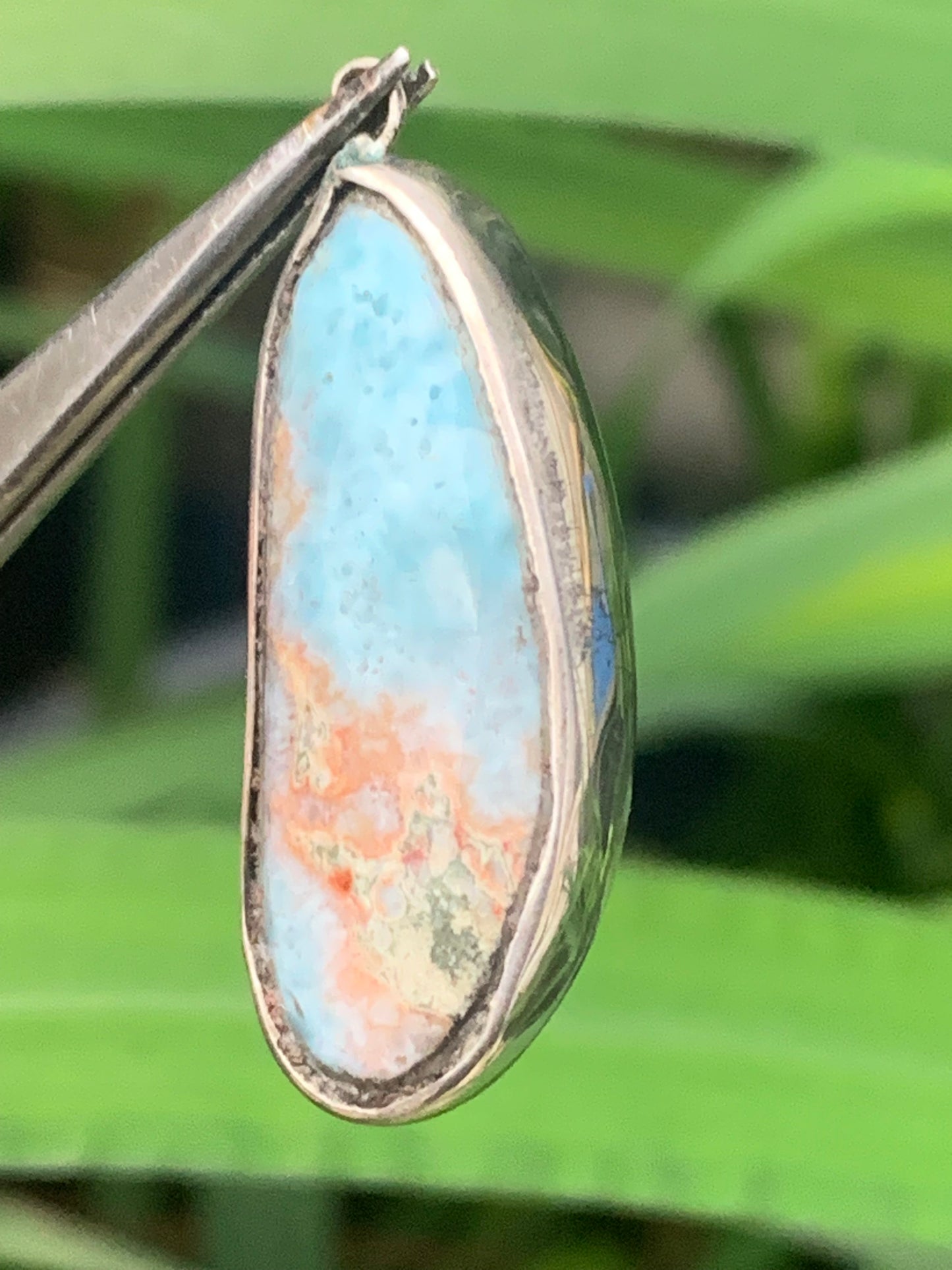 Larimar, Silver pendant, 37 mm high x 15 mm wide x 5 mm thick. Sold with a free adjustable black cord!