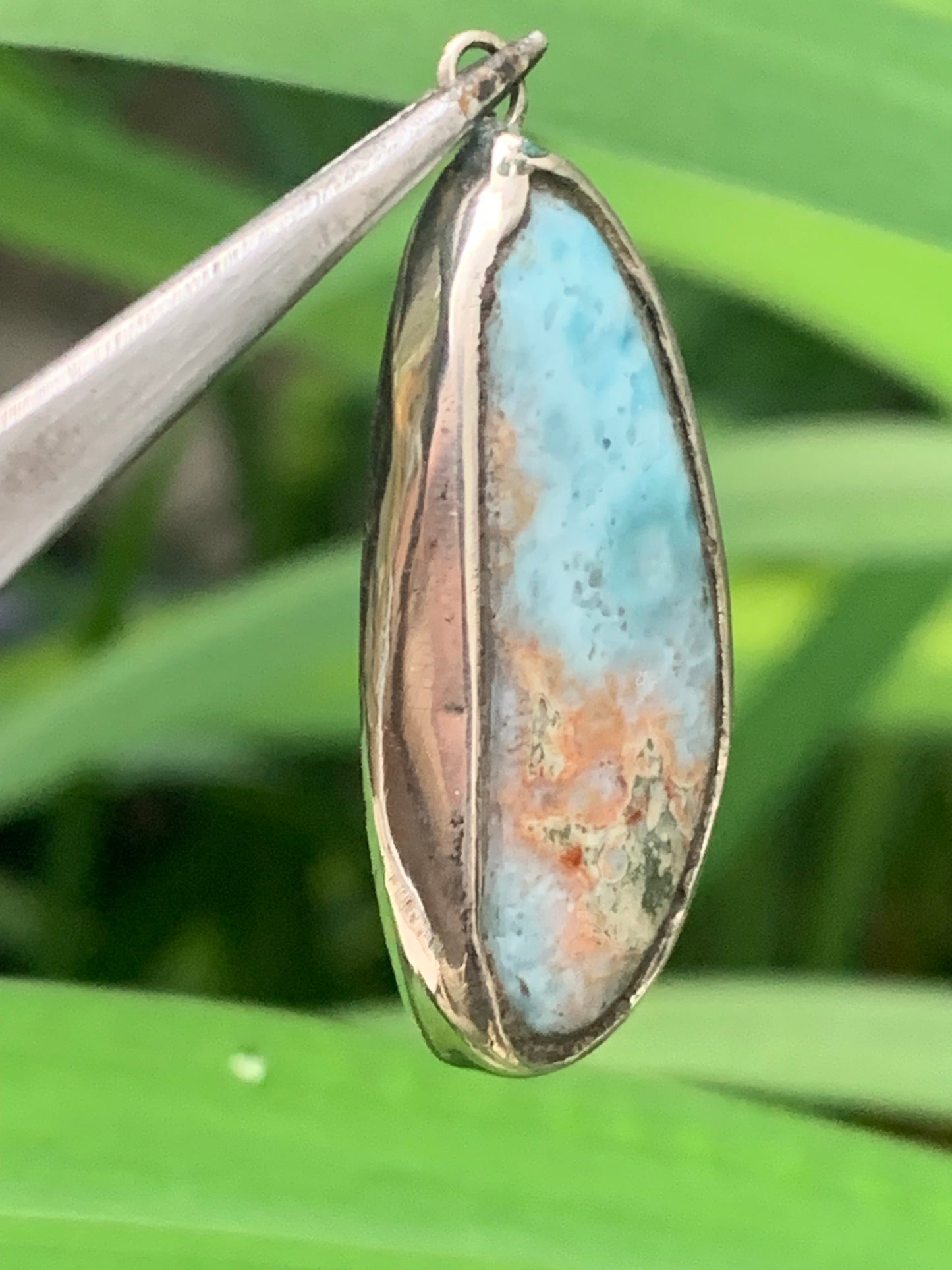 Larimar, Silver pendant, 37 mm high x 15 mm wide x 5 mm thick. Sold with a free adjustable black cord!