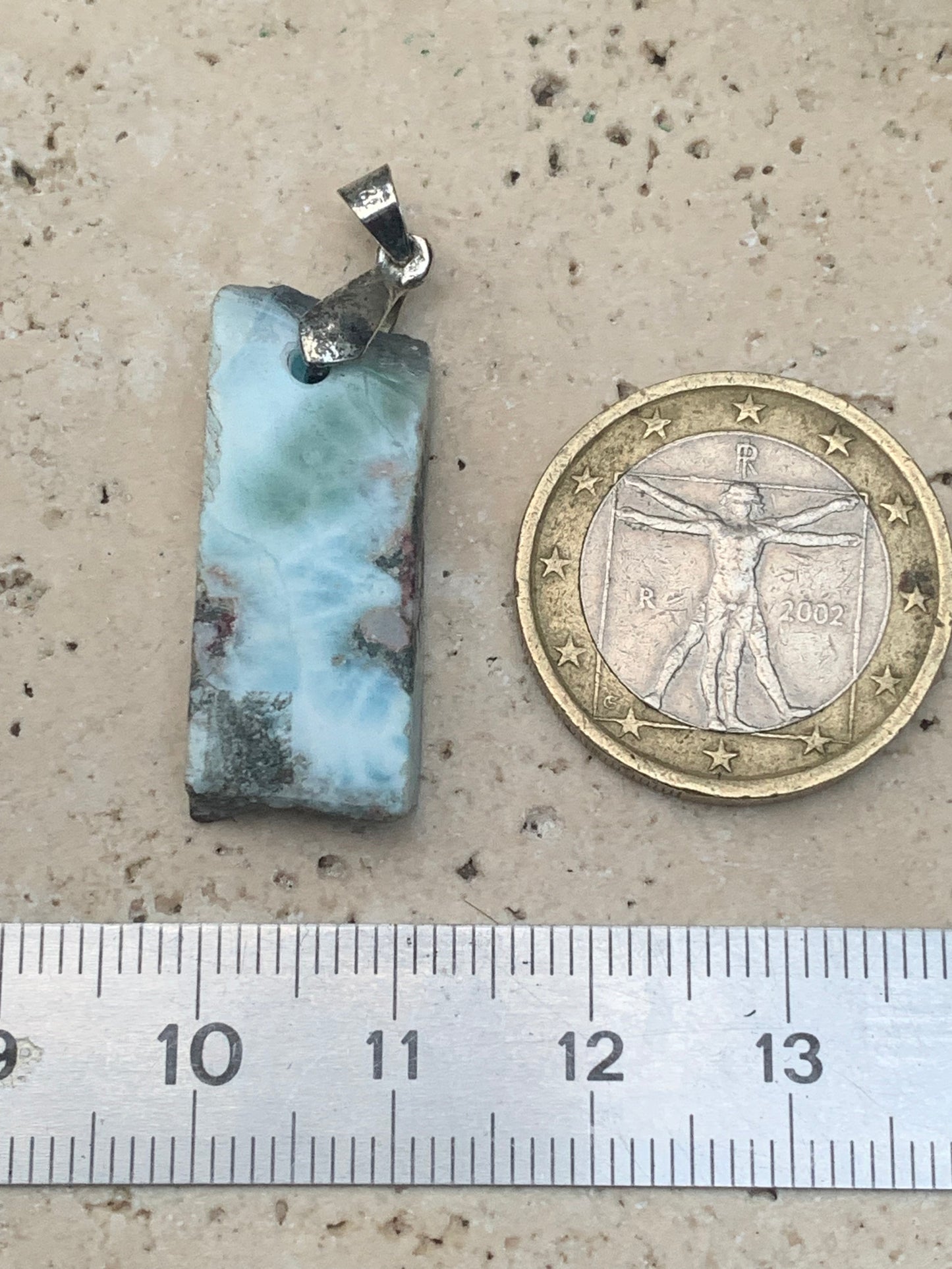 Larimar, Silver pendant, 36 mm high x 12 mm wide x 6 mm thick. Sold with a free adjustable black cord!