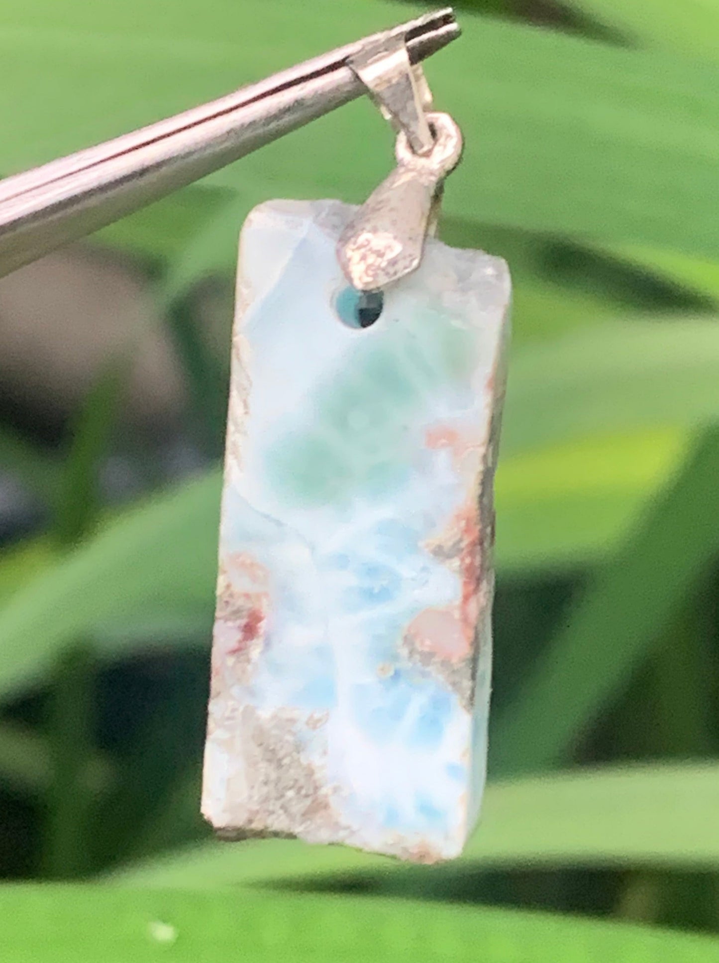 Larimar, Silver pendant, 36 mm high x 12 mm wide x 6 mm thick. Sold with a free adjustable black cord!