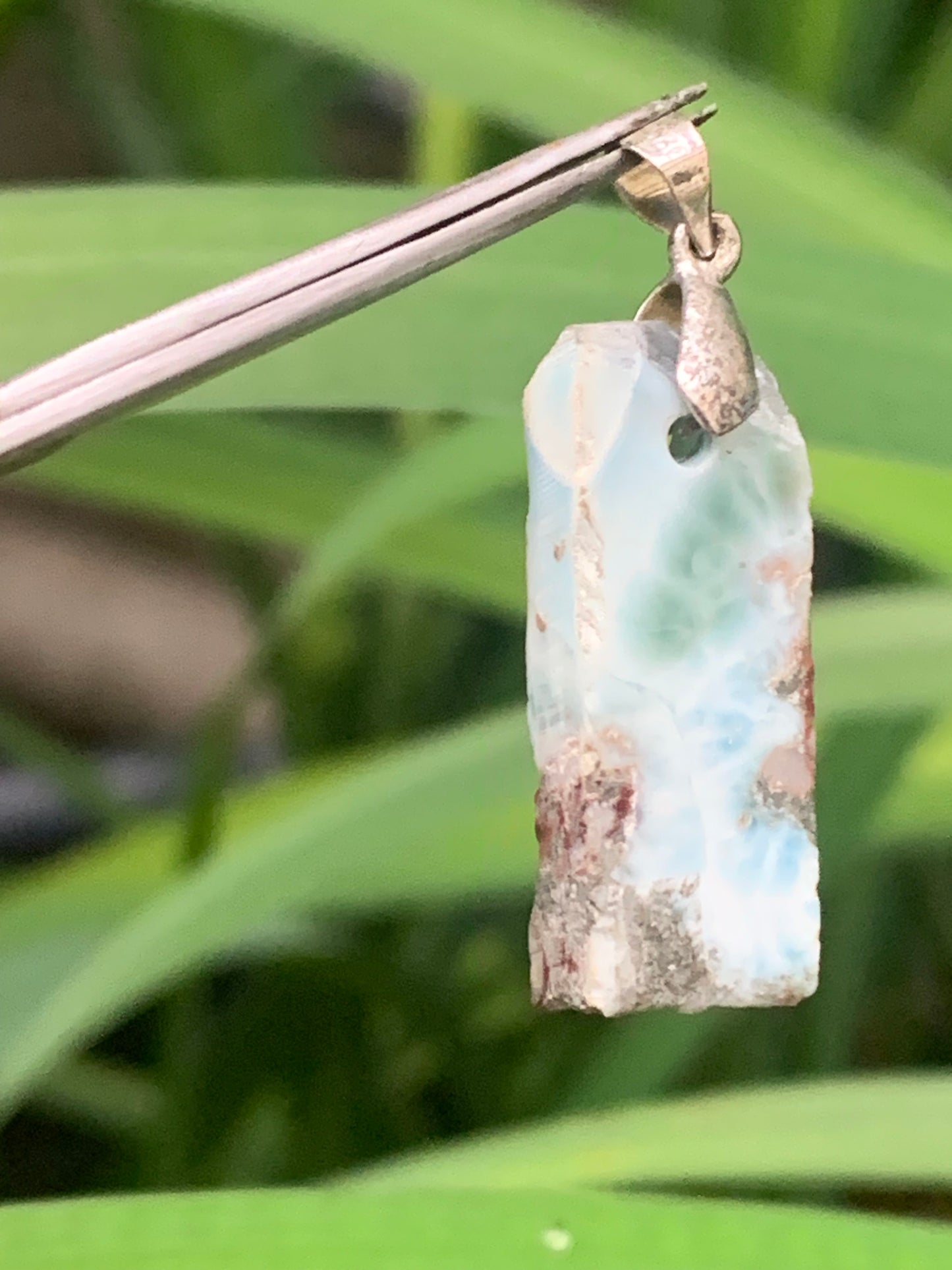 Larimar, Silver pendant, 36 mm high x 12 mm wide x 6 mm thick. Sold with a free adjustable black cord!