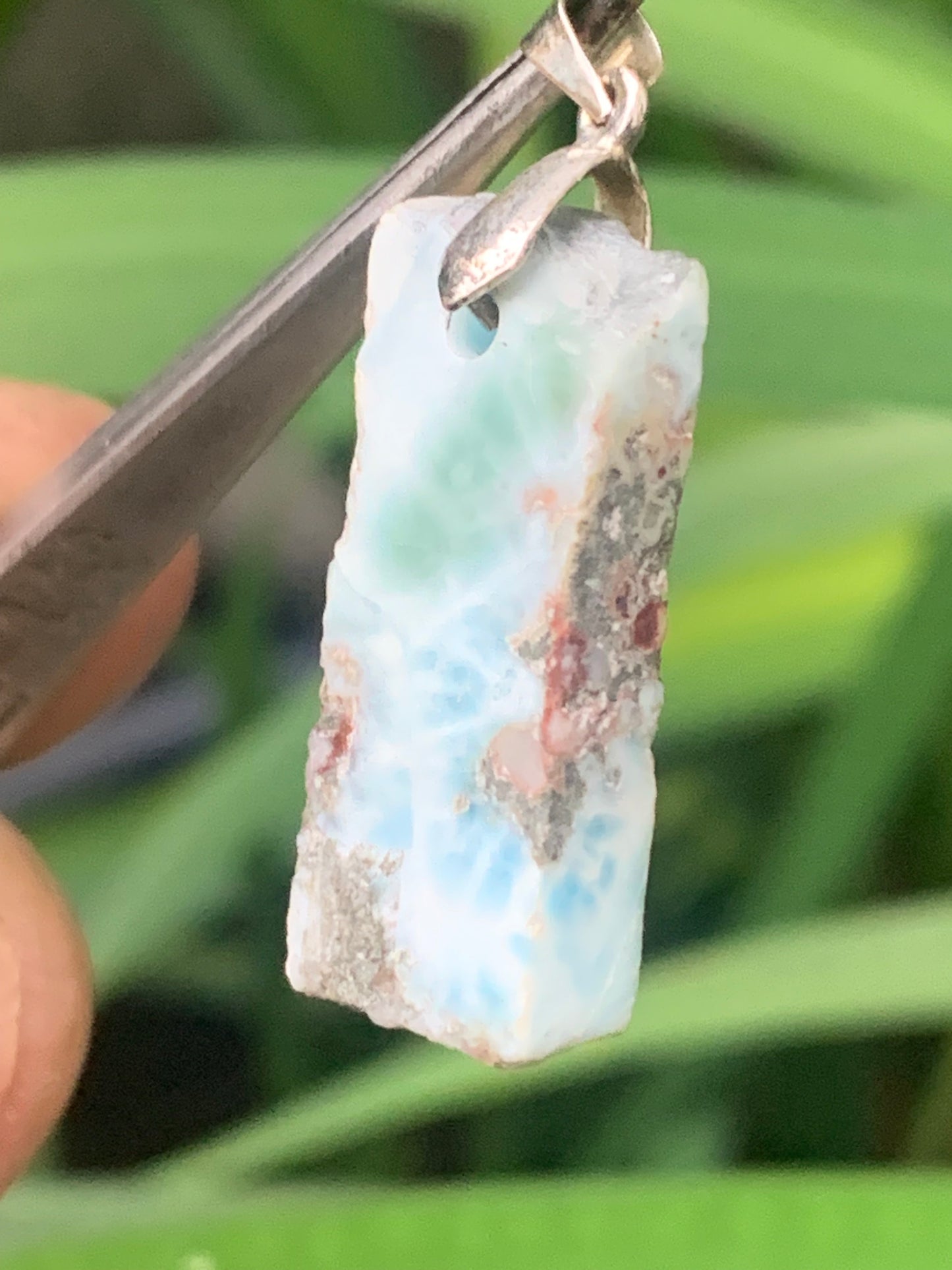 Larimar, Silver pendant, 36 mm high x 12 mm wide x 6 mm thick. Sold with a free adjustable black cord!