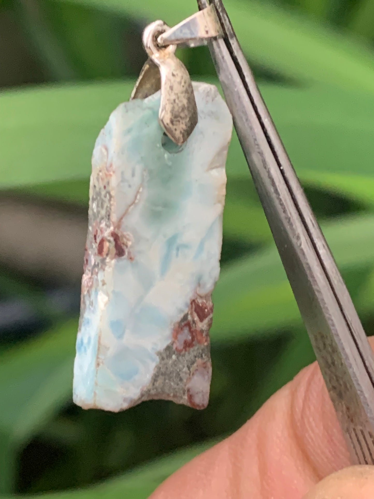 Larimar, Silver pendant, 36 mm high x 12 mm wide x 6 mm thick. Sold with a free adjustable black cord!