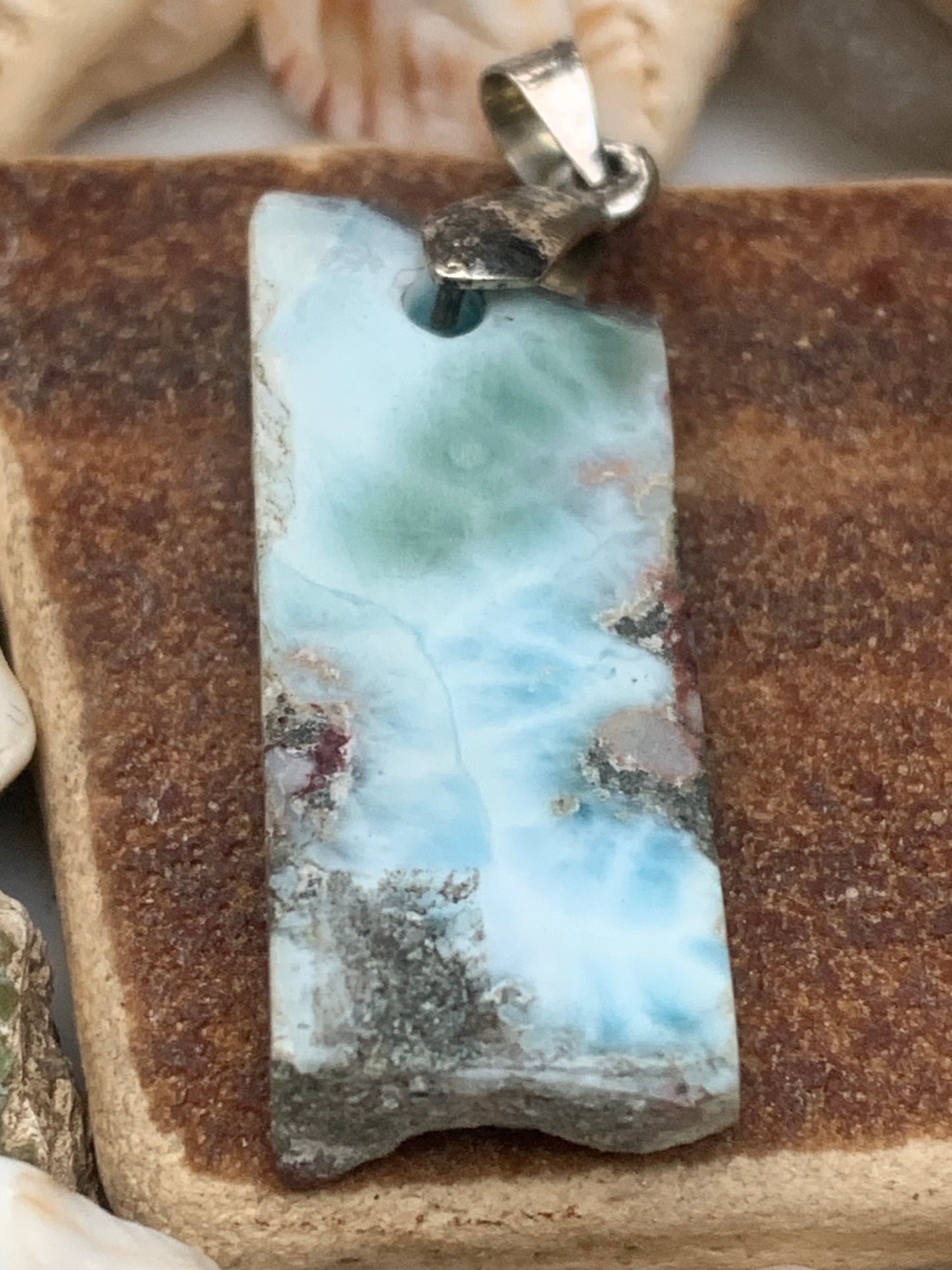 Larimar, Silver pendant, 36 mm high x 12 mm wide x 6 mm thick. Sold with a free adjustable black cord!