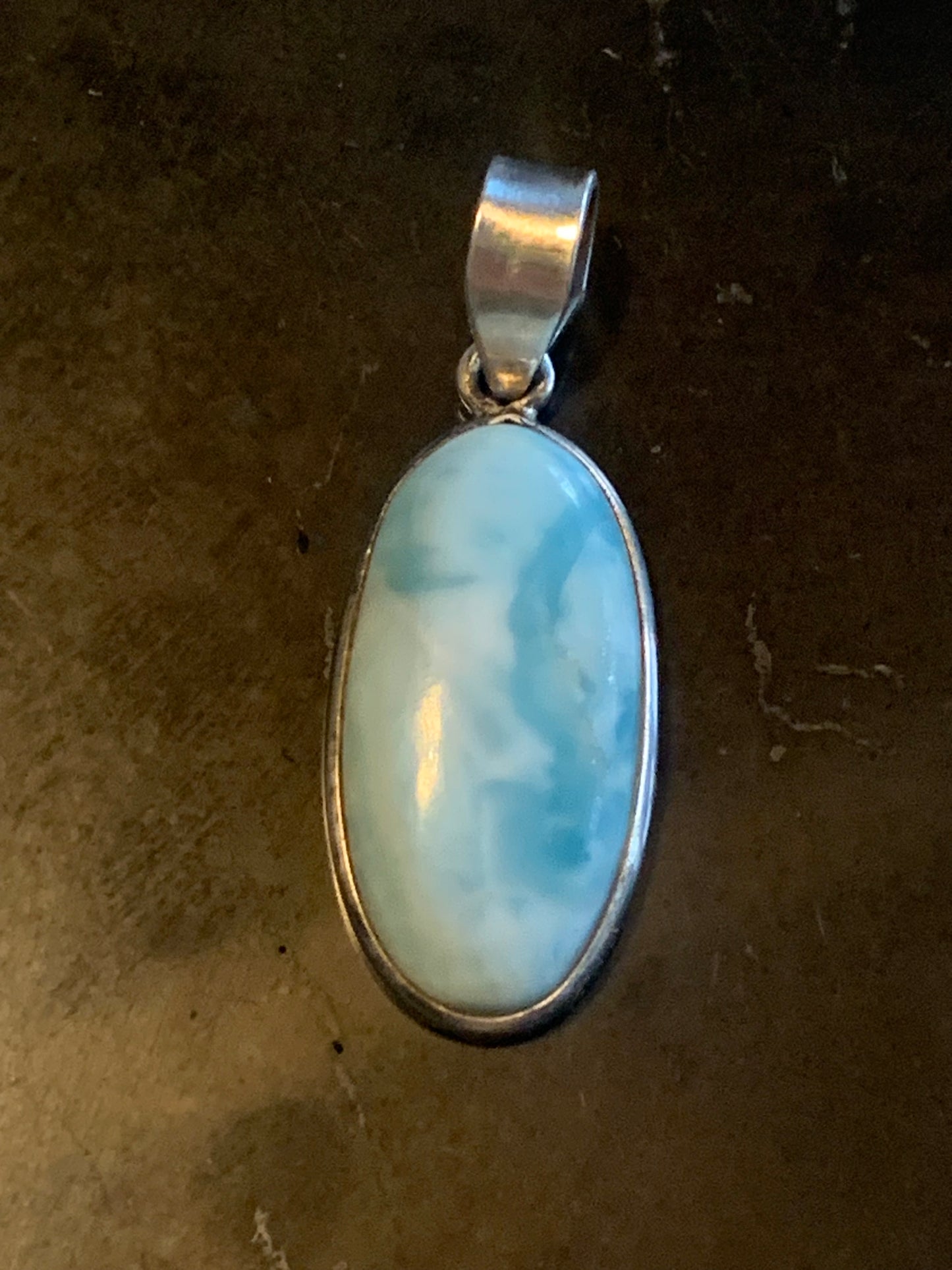 Larimar, Silver pendant, 35 mm high x 14 mm wide x 6 mm thick. Sold with a free adjustable black cord!
