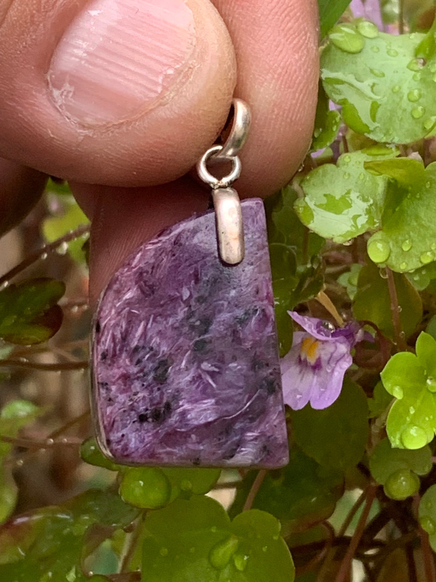 Charoïte, magnifique pendentif en Argent 925 de 35mm de hauteur x 18 de largeur x 7 d'épaisseur. Vendu avec cordon réglable de couleur noire !