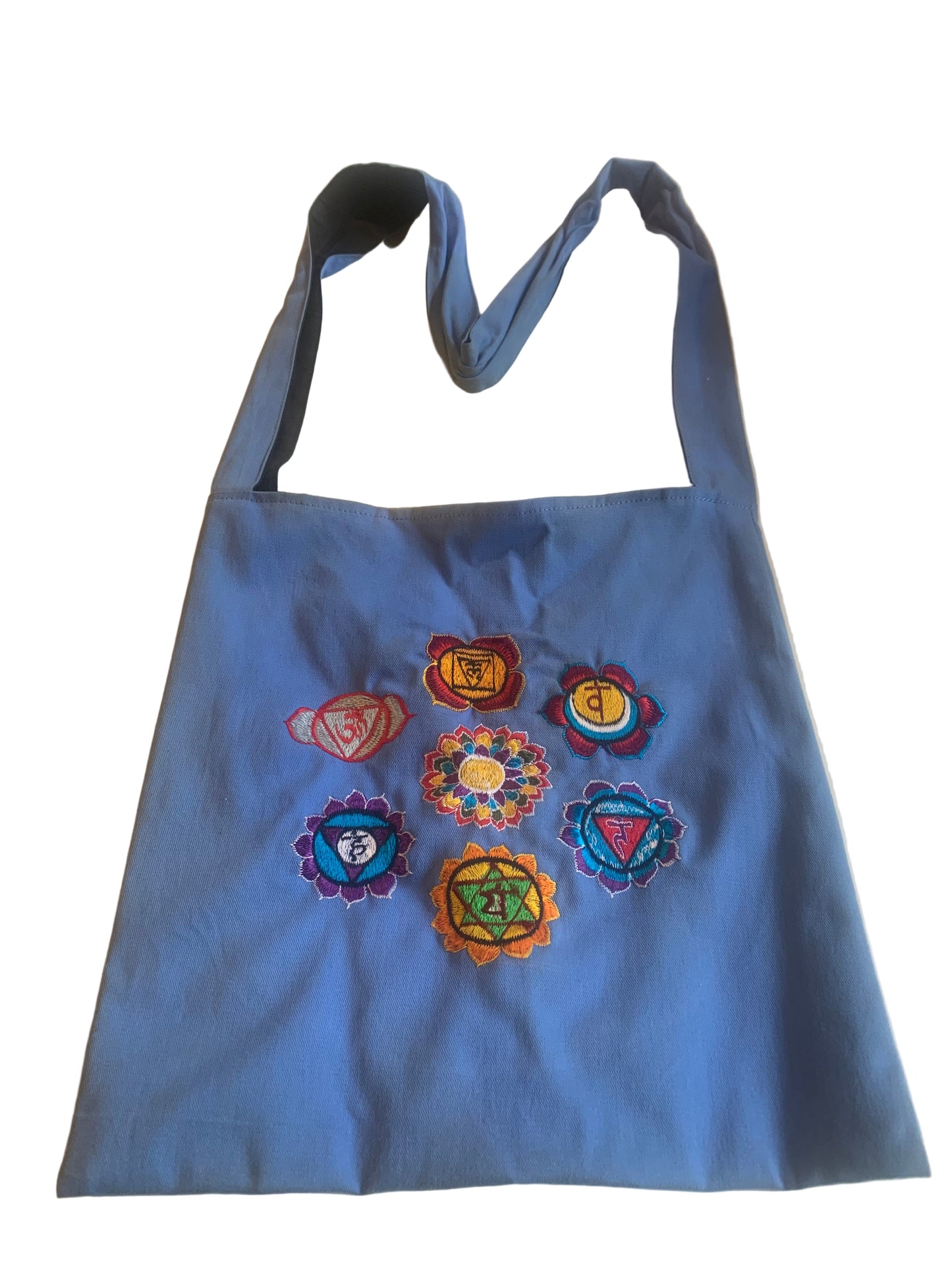 Sac de moine/Lama bleu avec symbole des 7 chakras et bandoulière. Pratique, léger et spirituel ! 40 x 36 x 86 cm
