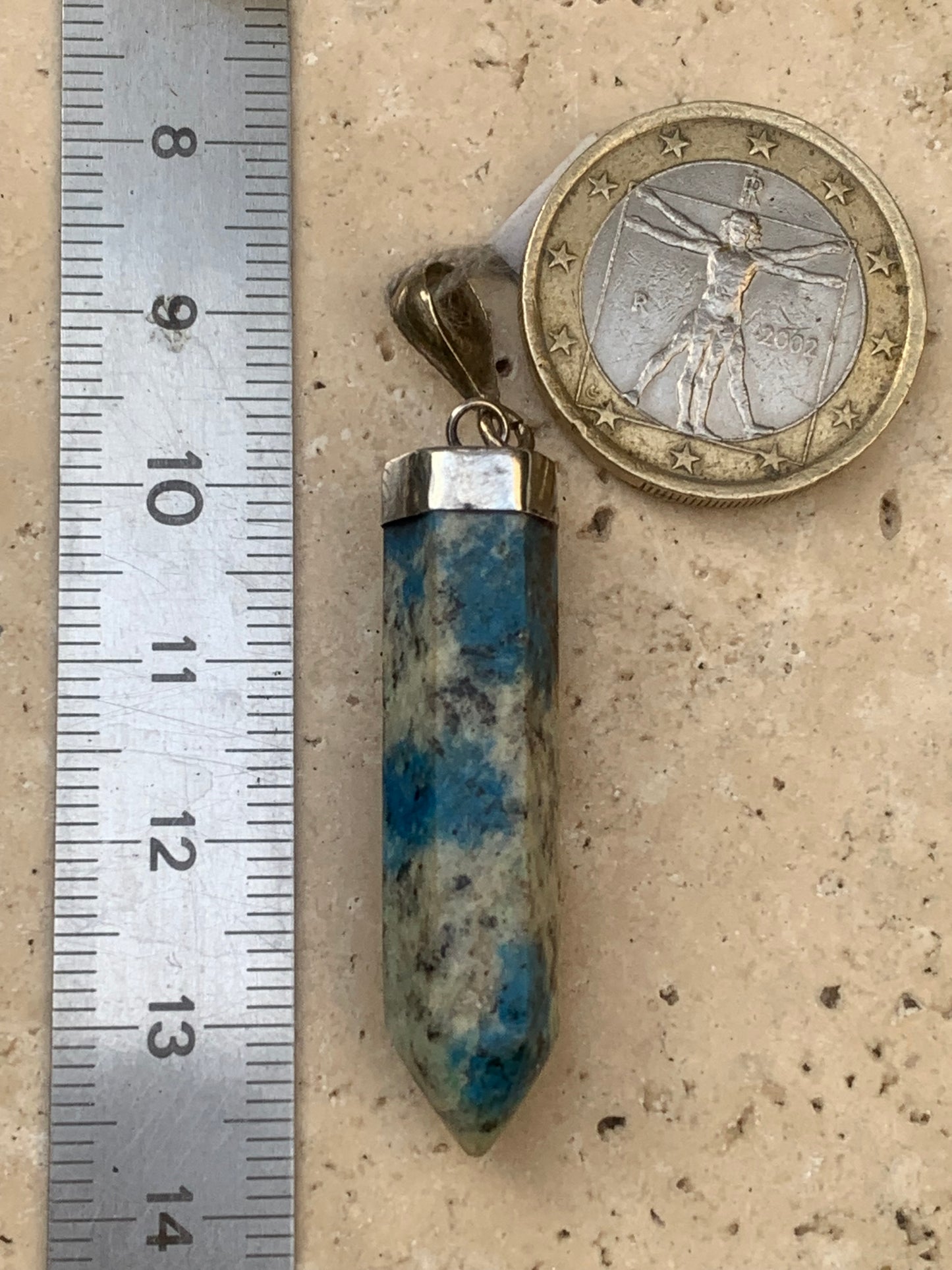 Jasper K2* (Granite with Azurite), piece in rhodium-plated 0925 Silver, 50 millimeters high x 9 millimeters wide x 9 thick. Sold with an adjustable black cord!