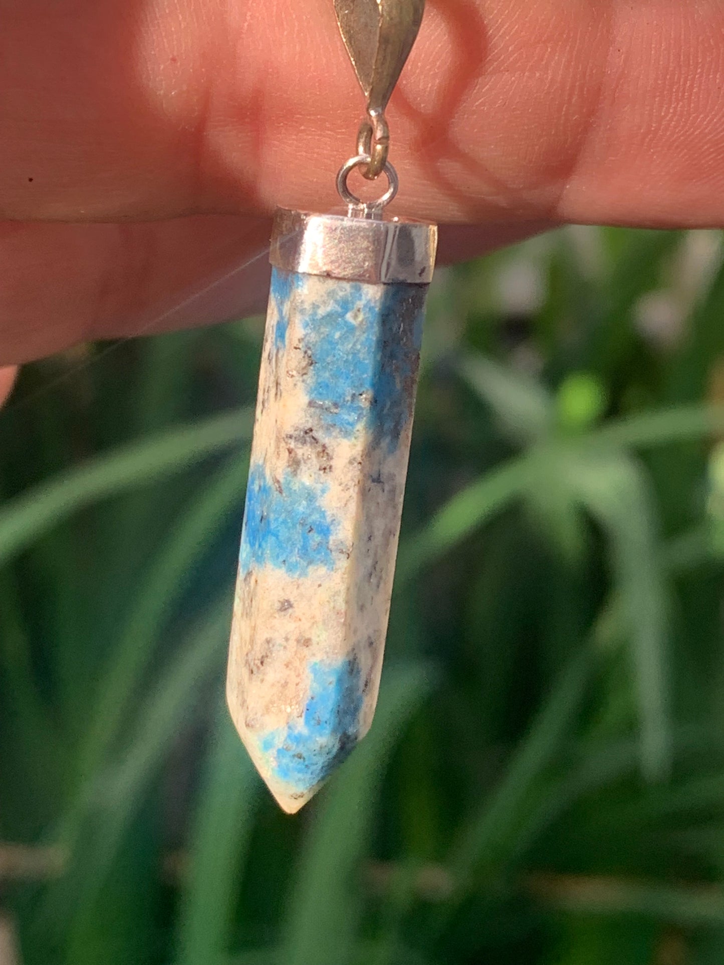 Jasper K2* (Granite with Azurite), piece in rhodium-plated 0925 Silver, 50 millimeters high x 9 millimeters wide x 9 thick. Sold with an adjustable black cord!
