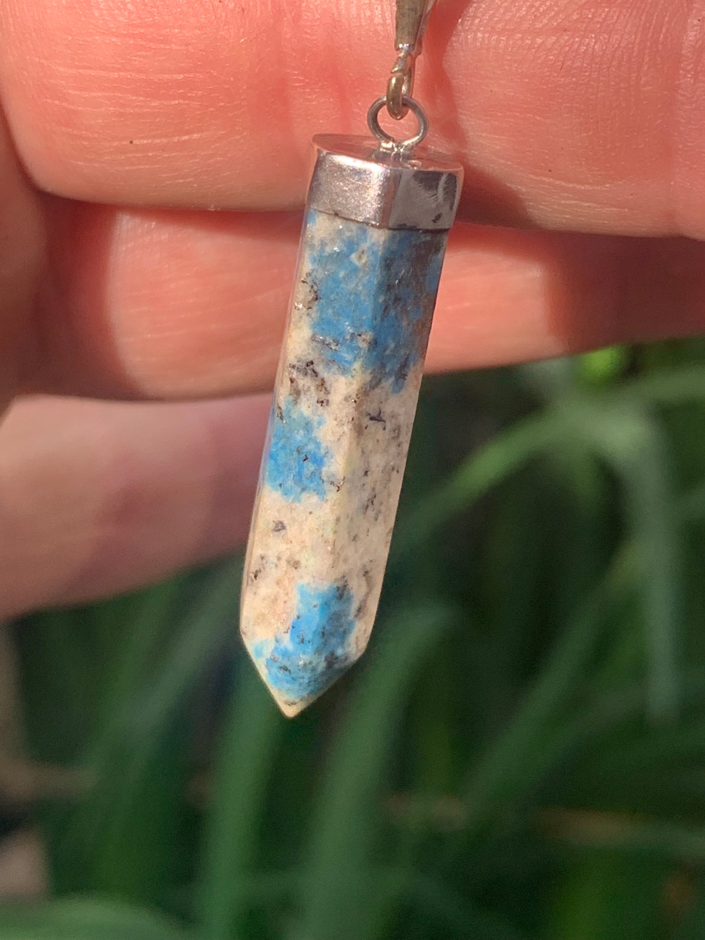 Jasper K2* (Granite with Azurite), piece in rhodium-plated 0925 Silver, 50 millimeters high x 9 millimeters wide x 9 thick. Sold with an adjustable black cord!