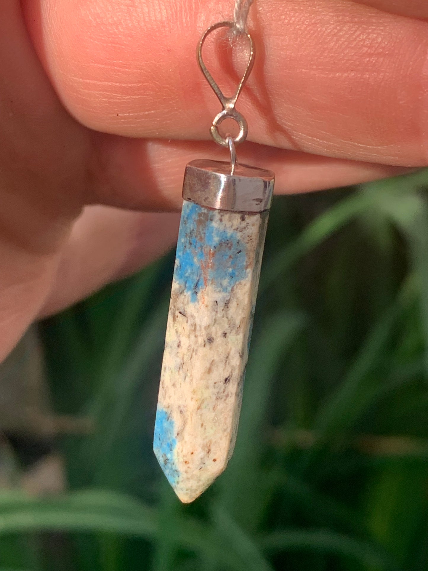 Jasper K2* (Granite with Azurite), piece in rhodium-plated 0925 Silver, 50 millimeters high x 9 millimeters wide x 9 thick. Sold with an adjustable black cord!