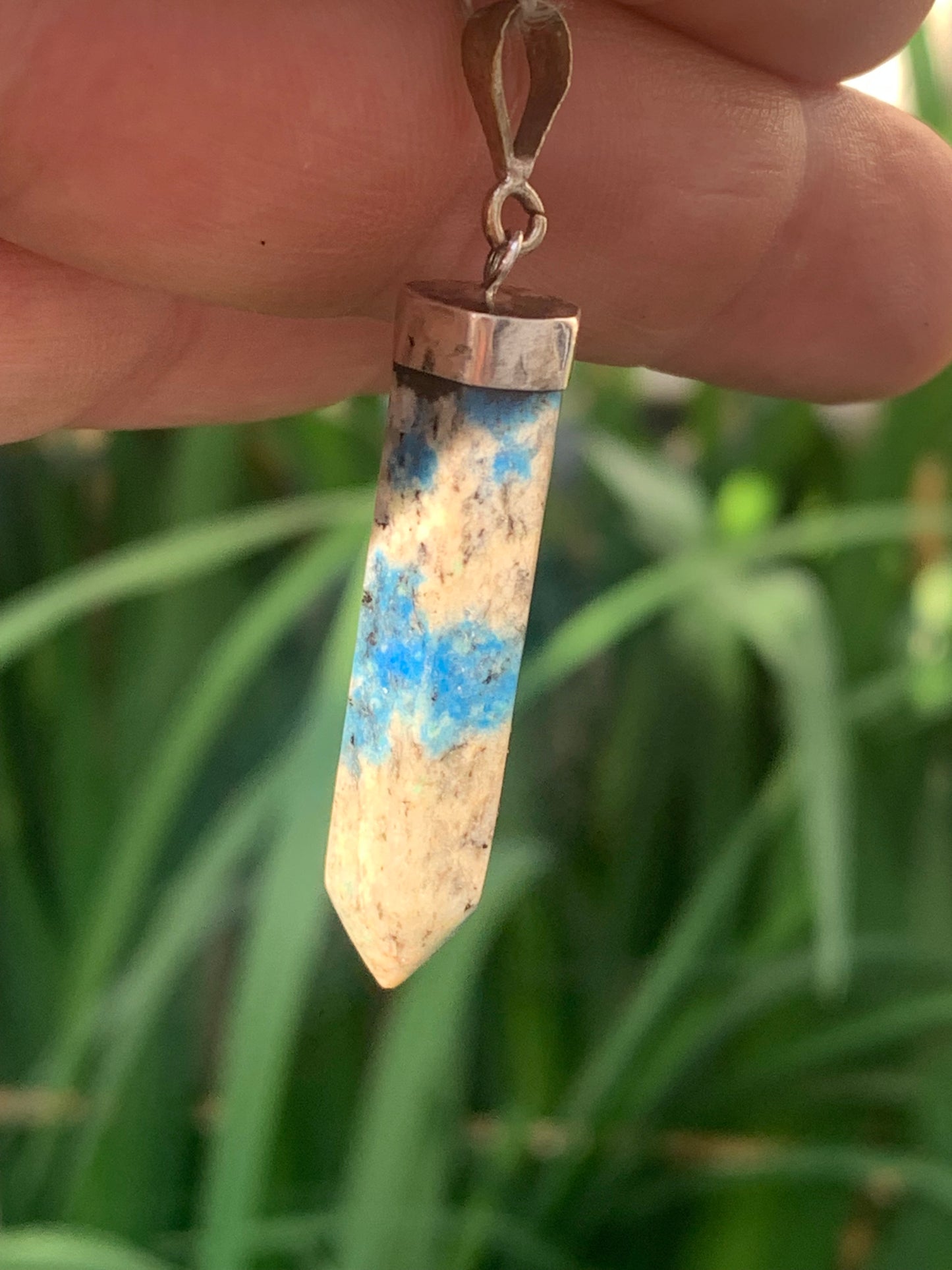 Jasper K2* (Granite with Azurite), piece in rhodium-plated 0925 Silver, 50 millimeters high x 9 millimeters wide x 9 thick. Sold with an adjustable black cord!
