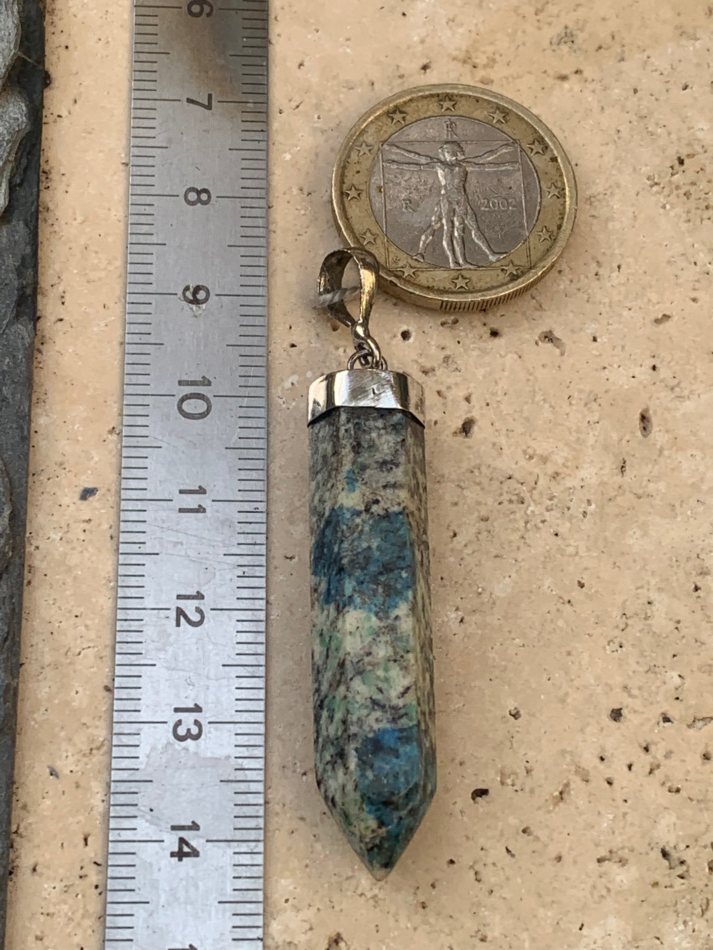 Jasper K2* (Granite with Azurite), piece in rhodium-plated 0925 Silver, 58 millimeters high x 10 millimeters wide x 10 thick. Sold with an adjustable black cord!