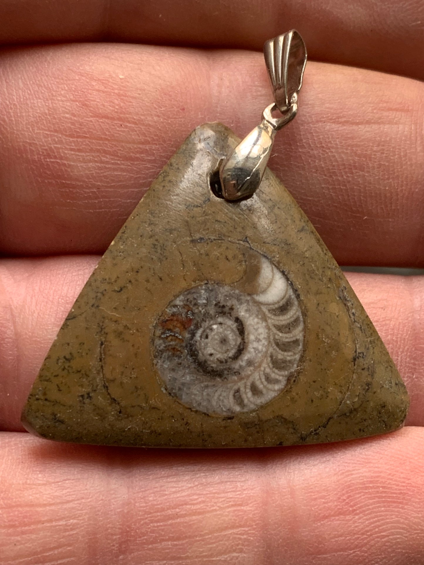 Ammonite fossile dans grès rouge (Usa), pendentif de taille 40 millimètres x 35 x 7. Vendu avec ou sans cordon noir et réglable de 60 cm !