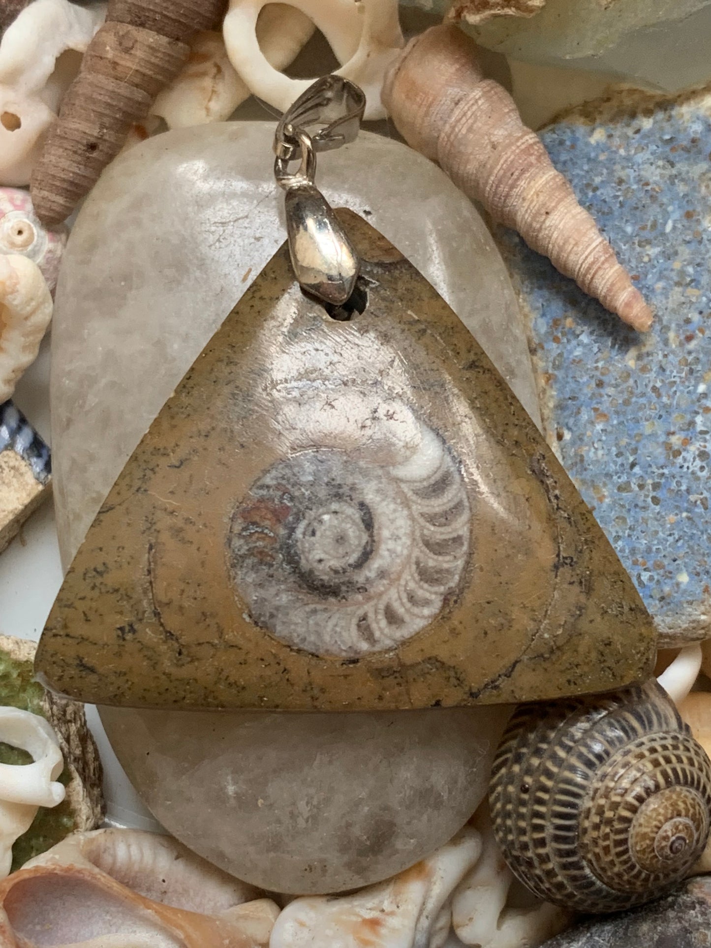 Ammonite fossile dans grès rouge (Usa), pendentif de taille 40 millimètres x 35 x 7. Vendu avec ou sans cordon noir et réglable de 60 cm !