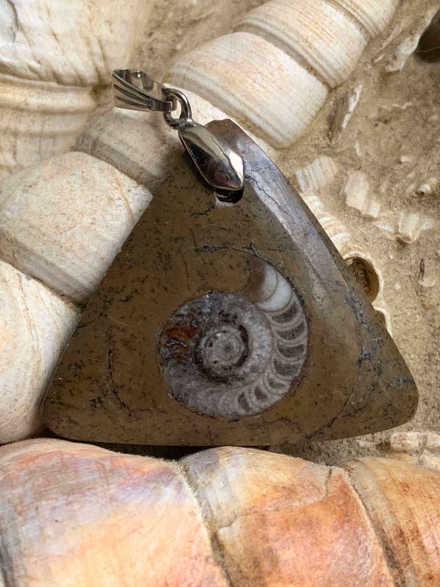 Ammonite fossile dans grès rouge (Usa), pendentif de taille 40 millimètres x 35 x 7. Vendu avec ou sans cordon noir et réglable de 60 cm !