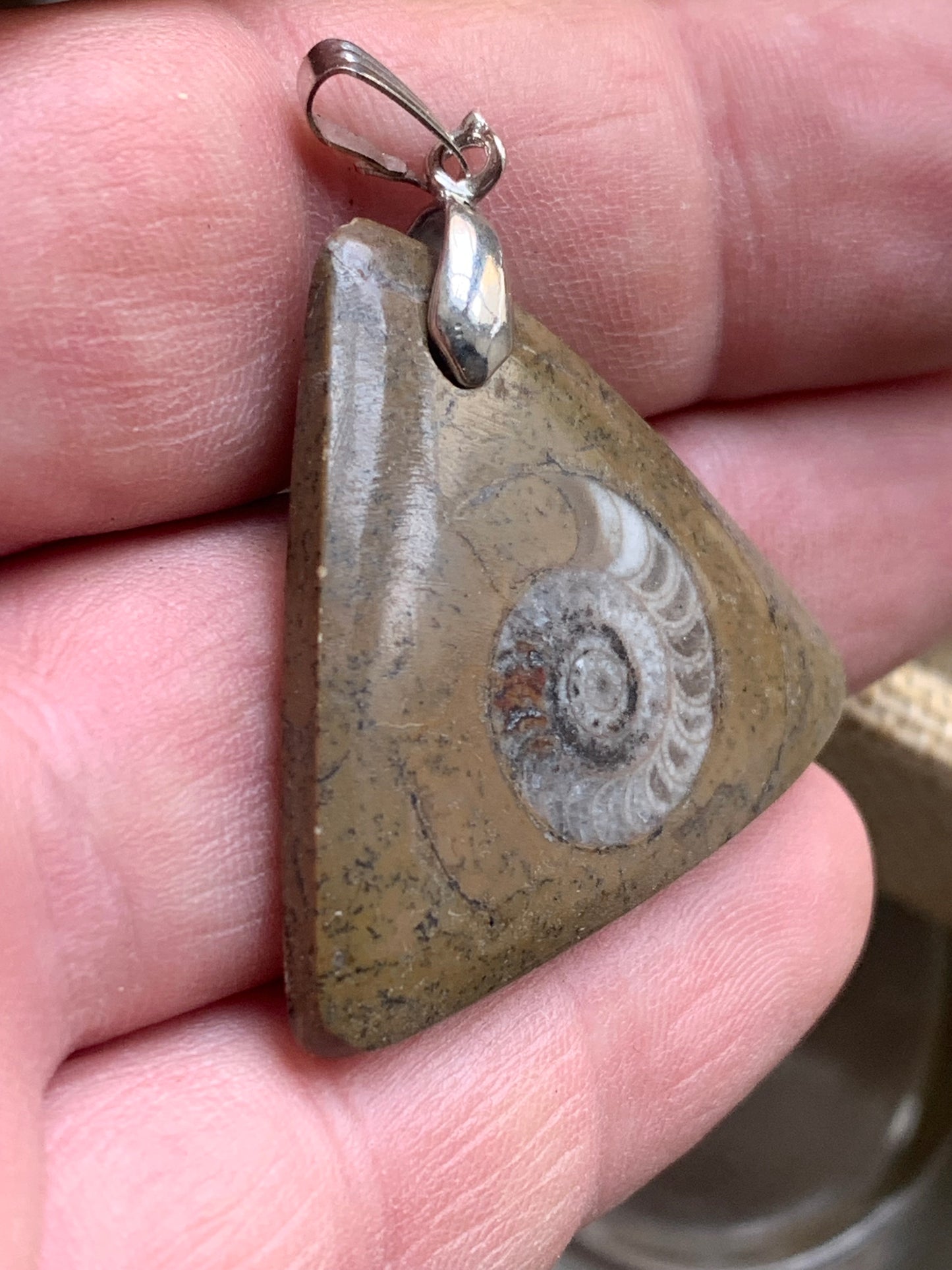 Ammonite fossile dans grès rouge (Usa), pendentif de taille 40 millimètres x 35 x 7. Vendu avec ou sans cordon noir et réglable de 60 cm !