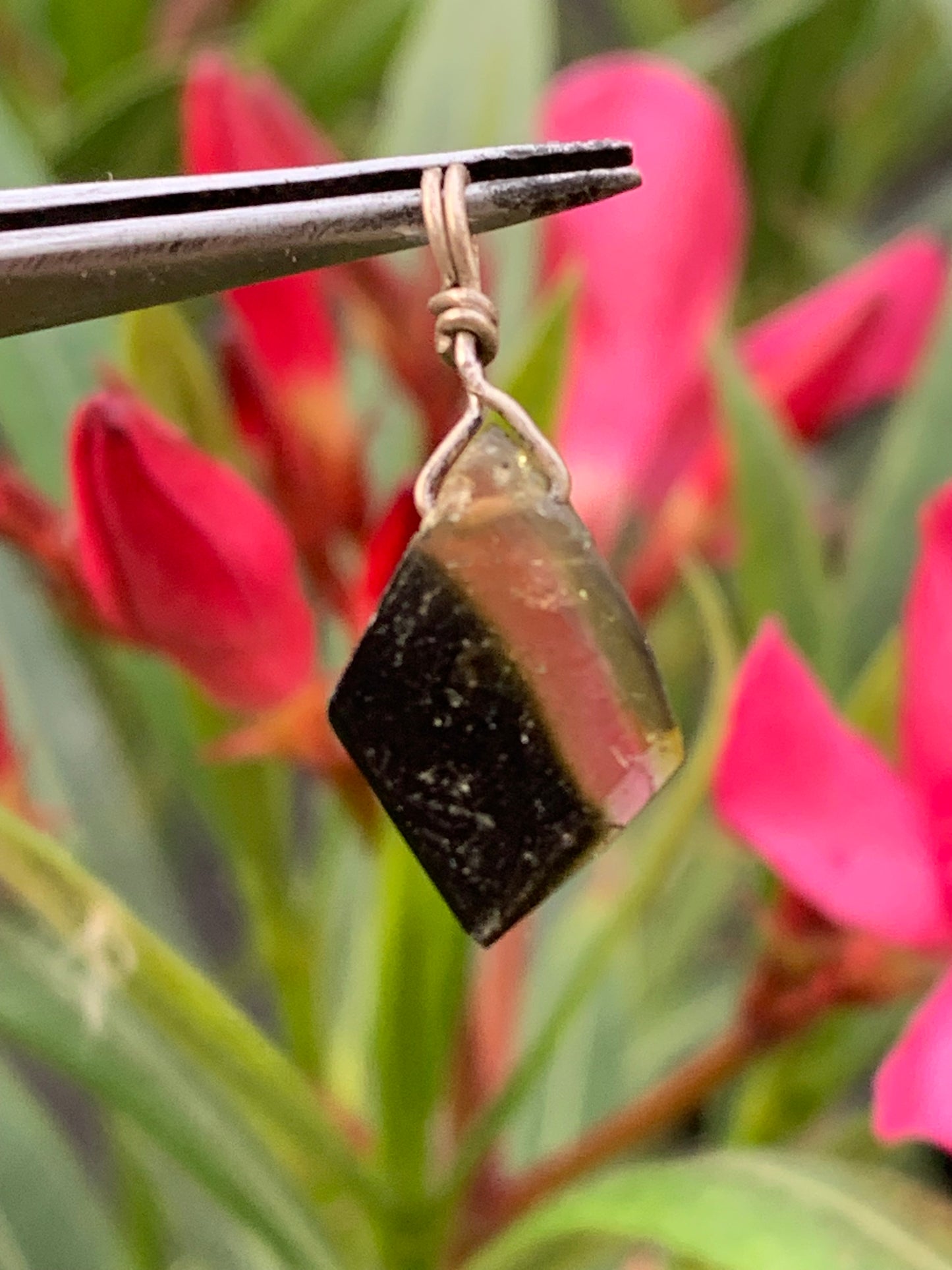 Tourmaline melon d'eau/ pastèque ! Pendentif en Argent fait par G&Z, 25 mm de hauteur x 10 de largeur x . Vendu avec cordon réglable de couleur noire !