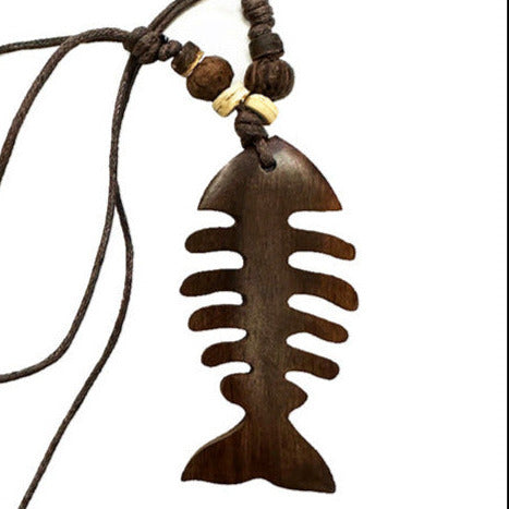 Necklace/Long necklace of beads and wooden pendant - ± 50 centimeters - Pendant: ± 7 x 4 cm
