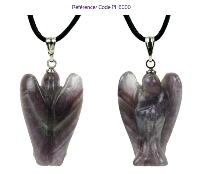 Ange en pierre naturelle, pendentif de 30 millimètres x 25 x 10 millimètres. Choisissez la pierre qui vous ressemble : en améthyste, aventurine, cristal de roche, cornaline ou oeil de tigre. Livré avec cordon coulissant, prêt à porté ou à offrir !