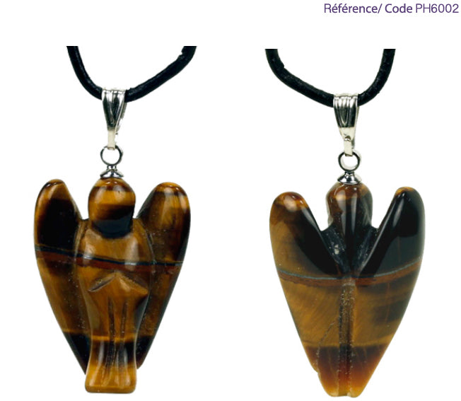 Ange en pierre naturelle, pendentif de 30 millimètres x 25 x 10 millimètres. Choisissez la pierre qui vous ressemble : en améthyste, aventurine, cristal de roche, cornaline ou oeil de tigre. Livré avec cordon coulissant, prêt à porté ou à offrir !