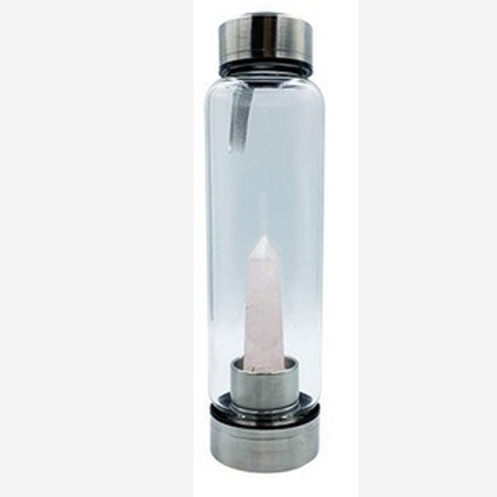 Sélection de carafes en verre et acier inoxydable de 550 ml. Pour élixir ou dynamisation de l'eau, au choix : Améthyste, Labradorite, œil de tigre ou Cristal de roche. Vendu avec housse !