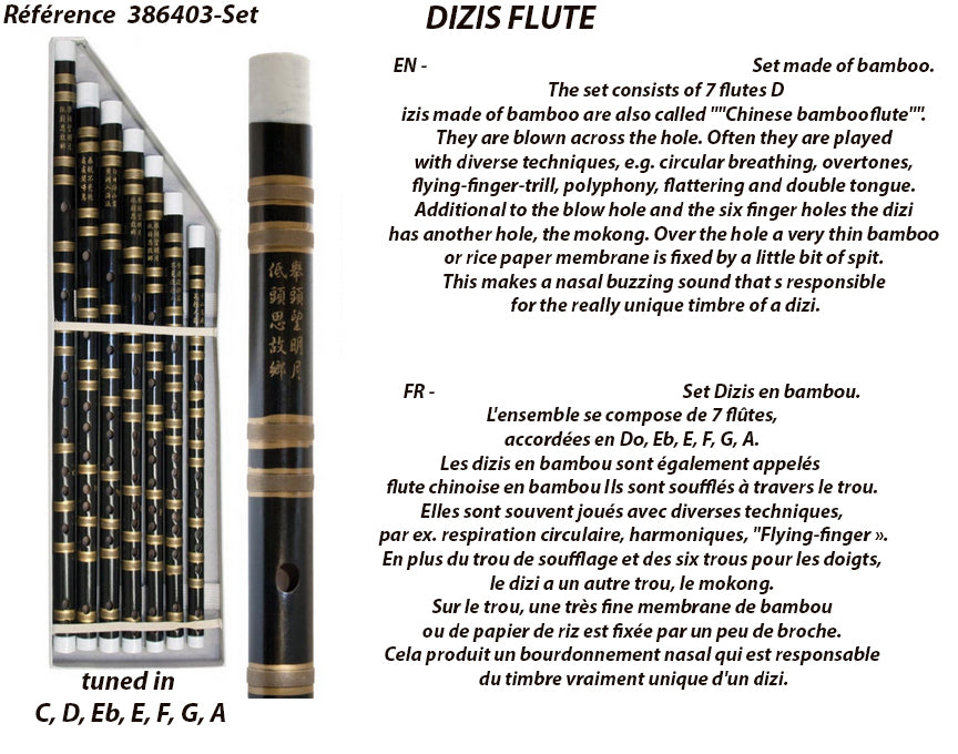 Ensemble de 7 flûtes 'Dizis' C, D, Eb, E, F, G, A. Flûtes chinoise en bambou de tradition. Souvent joué avec diverses techniques !