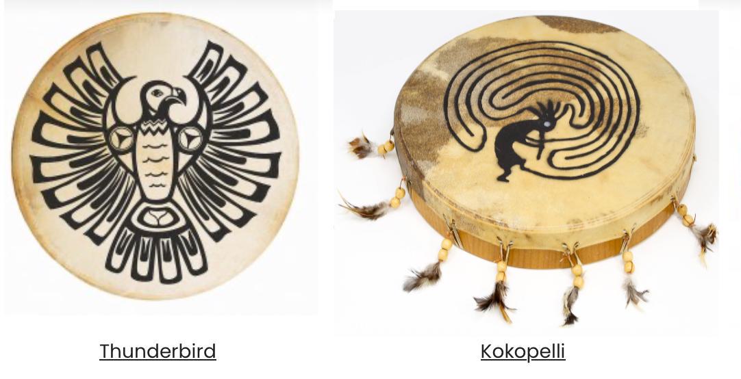 Sélection de tambours Chamanique avec motifs, modèles au choix de Ø 50. Très bonne qualité, parfait pour découvrir ou se perfectionner. Vendu avec maillet !
