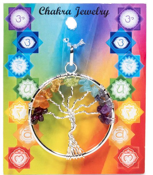 Arbre de vie '7 chakras', symbole universel de force, d’ancrage et de croissance spirituelle, pendentif en laiton doré ou argenté, de 40 millimètres de diamètre. Livré avec cordon coulissant, prêt à porté ou à offrir, parfait !