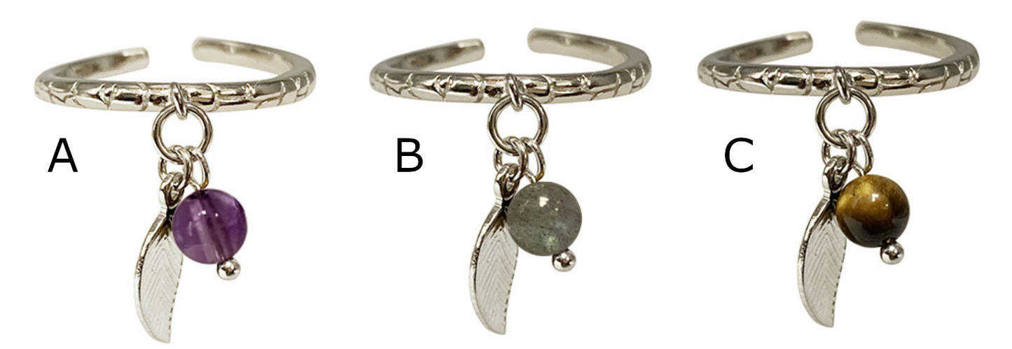 Collection de bagues réglable en argent 925 avec plumes et perles au choix (œil de tigre, améthyste, labradorite), tailles 50 à 60 !
