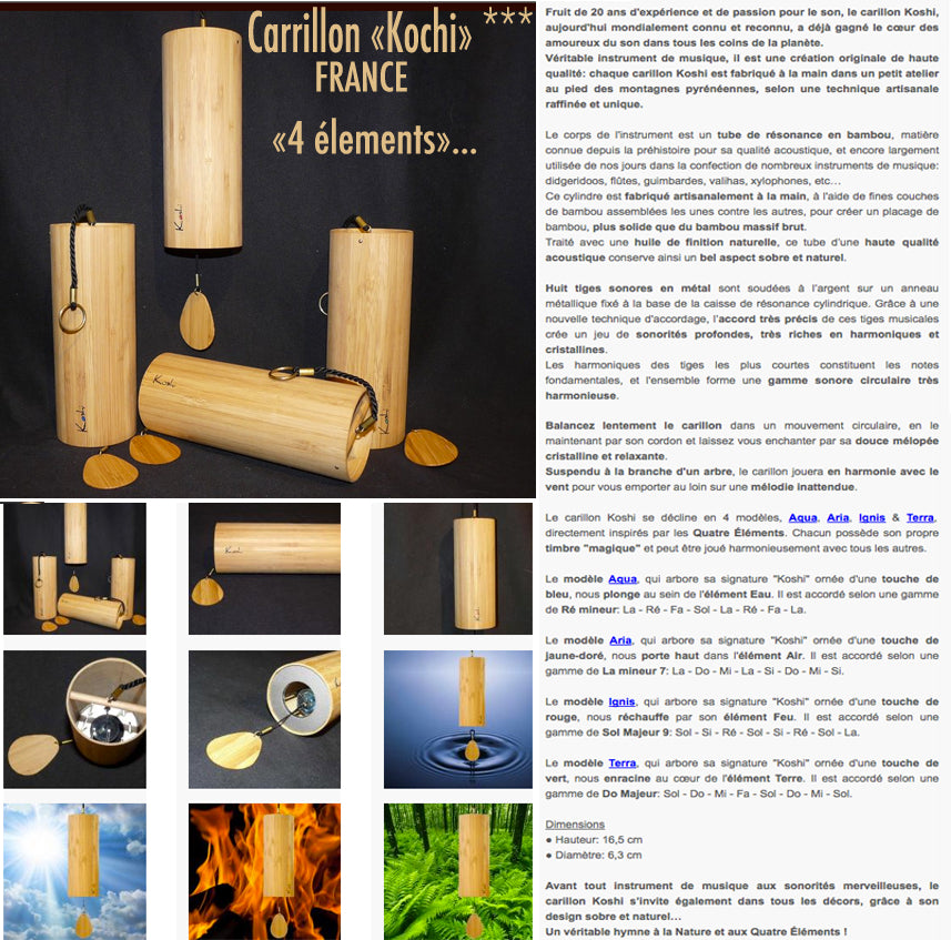 Carillons éoliens, les fameux Koshi © en bambou, à l'unité ou pack des 4 (Air, Eau, Feu, Terre), fait en France !