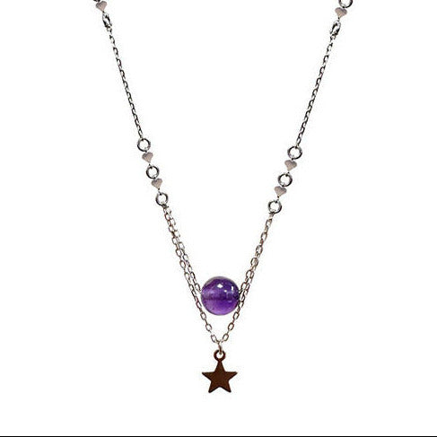 925 Silver necklace 42 cm long, accompanied by a delicate 5 cm chain. Adorned with an elegant 8 mm amethyst bead and a star!