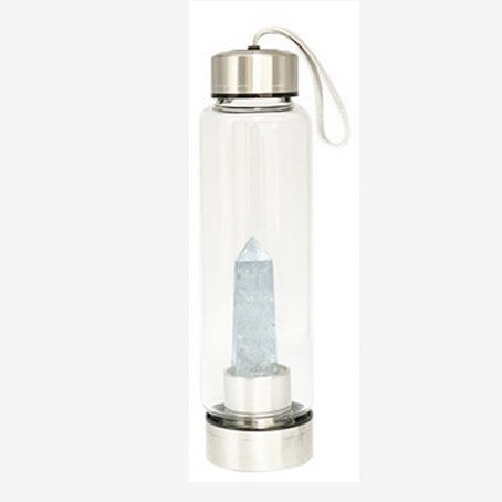 Sélection de carafes en verre et acier inoxydable de 550 ml. Pour élixir ou dynamisation de l'eau, au choix : Améthyste, Labradorite, œil de tigre ou Cristal de roche. Vendu avec housse !