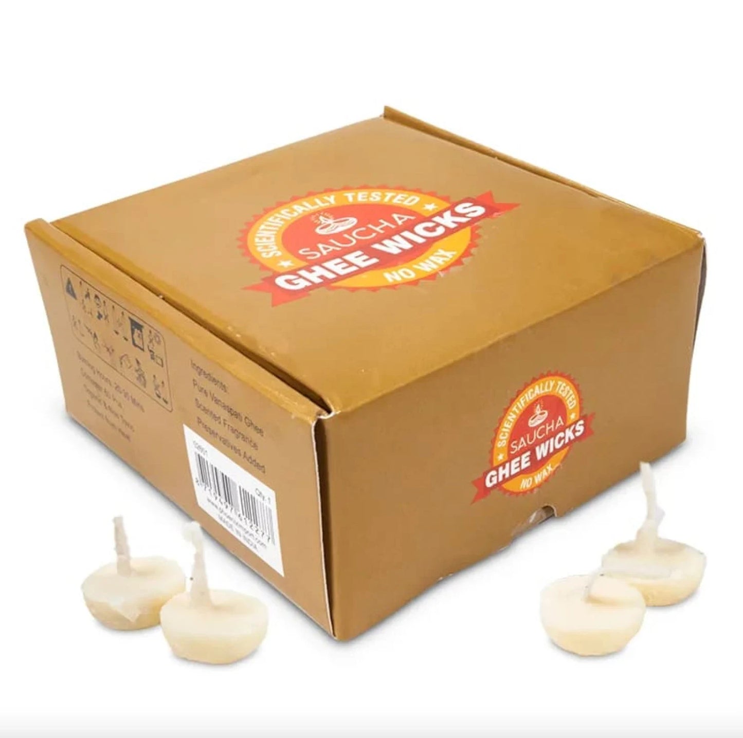 Bougies sacrées de pur "Ghee", faites de beurre clarifié, avec mèche en coton, aux parfums agréable de Santal et jasmin. 30 bougies par boites, durée 20/ 30 minutes, parfait !
