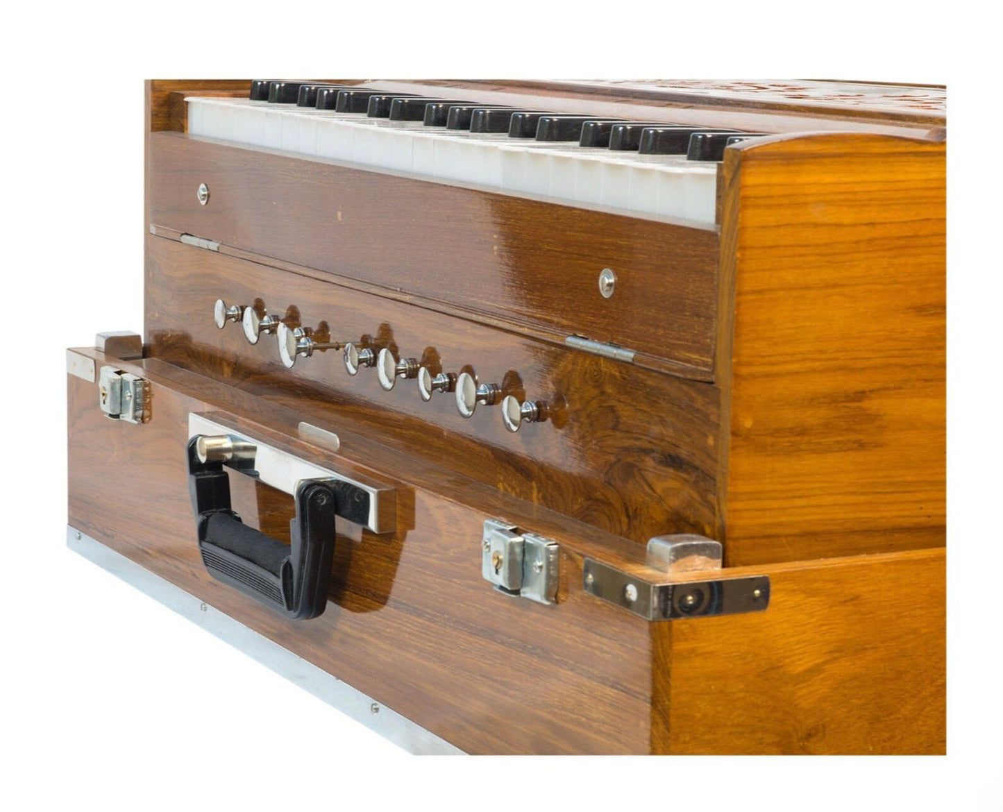 Harmonium Indien DELUXE de chez Ligner, modèle 3 voix. Rangement amovible pour le transport. Ø 61cm x 40 x 19/ 15 kgs. Réglable pour gaucher ou droitier !