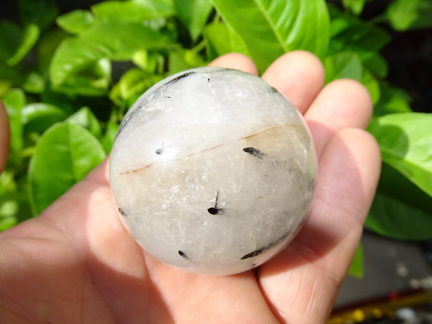 Sphères de Cristal/ Quartz avec inclusions de tourmaline noire, de 46 et 52 millimètres - 136 et 196 grammes. une pierre surprenante !