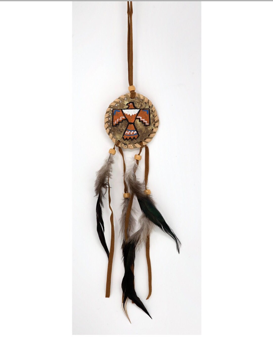 Plume de dinde avec ou sans Mandala en perle ou cuir, de 19 à 30cm, décorée et enveloppée de lanières de cuir, clair ou foncé !