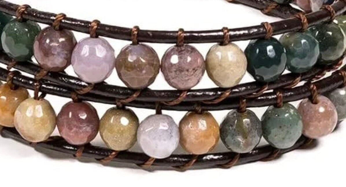 Bracelet en cuir multi-rang (2 tours), 87 perles d'Agate naturelle de 6mm - 27 cm de long - 46 gr. !