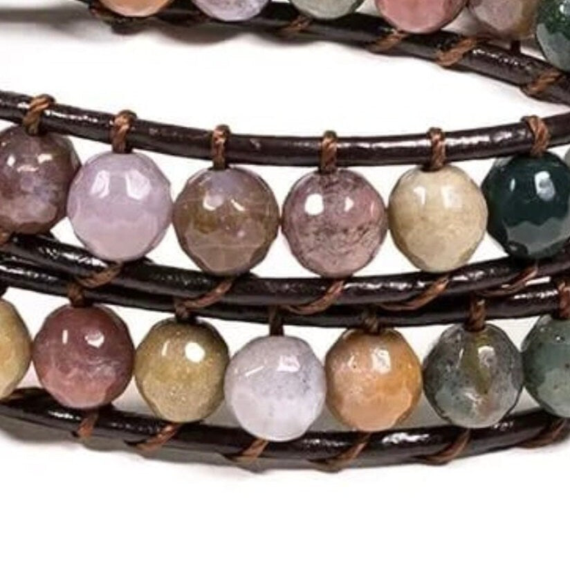Bracelet en cuir multi-rang (2 tours), 87 perles d'Agate naturelle de 6mm - 27 cm de long - 46 gr. !