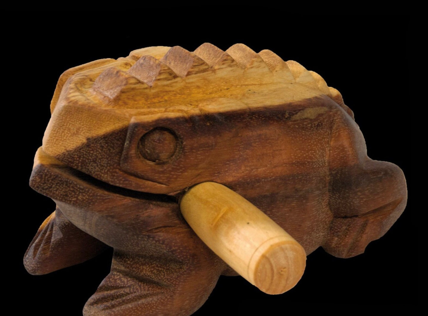 Guiro en bois en forme de grenouille. 3 tailles au choix : de 6 à 20 cm. Livré avec bâton !