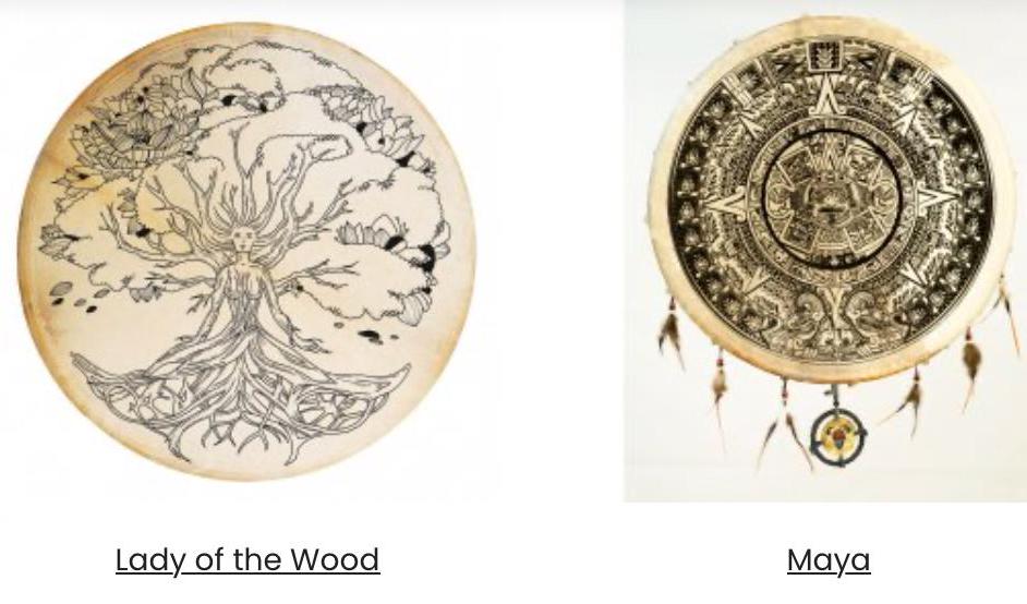 Sélection de tambours Chamanique avec motifs, modèles au choix de Ø 50. Très bonne qualité, parfait pour découvrir ou se perfectionner. Vendu avec maillet !