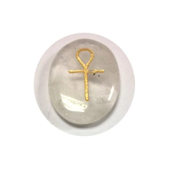 Lot de 6 pierres Wicca en cristal de roche – gravées de symboles dorés. 3,3 × 2,3 cm - 120 gr.