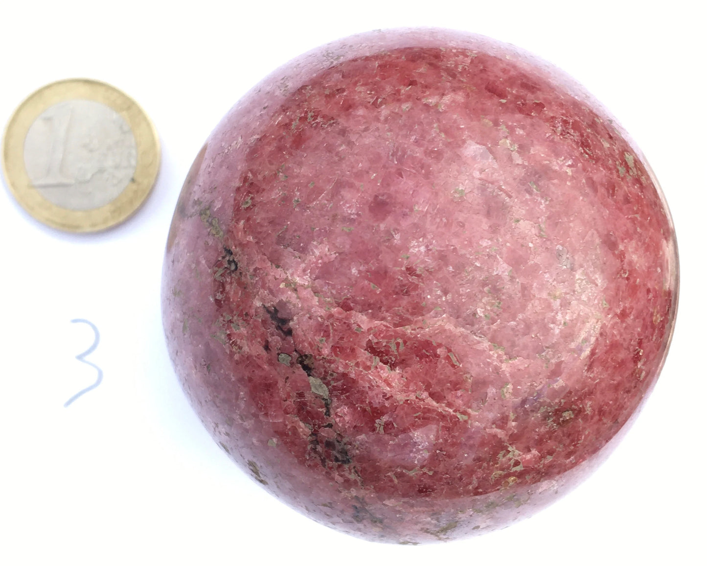 Rhodonite sphere, unique piece of 60 millimeters, 445 grams. Magnificent quality, superb color! Perfect for lithotherapy, collection, exhibition...!