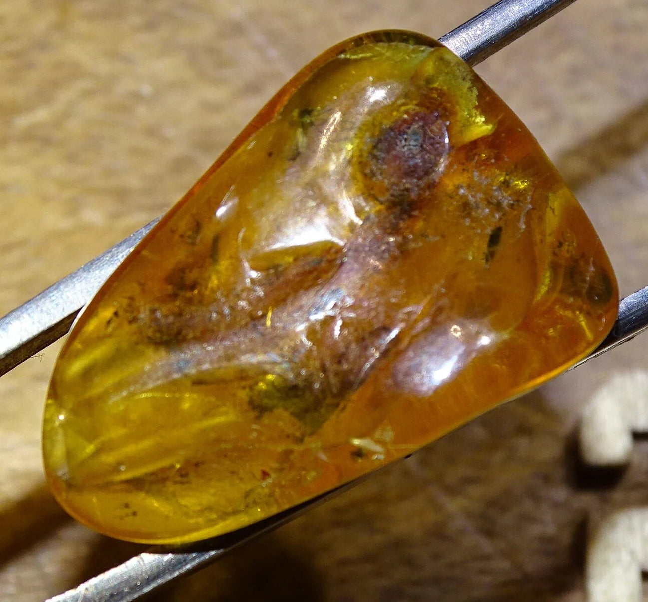 Ambre, spècimen de galet roulé avec insecte à l'intérieur, de 33x20x12 mm. Superbe pièce pour bijouterie ou collection !