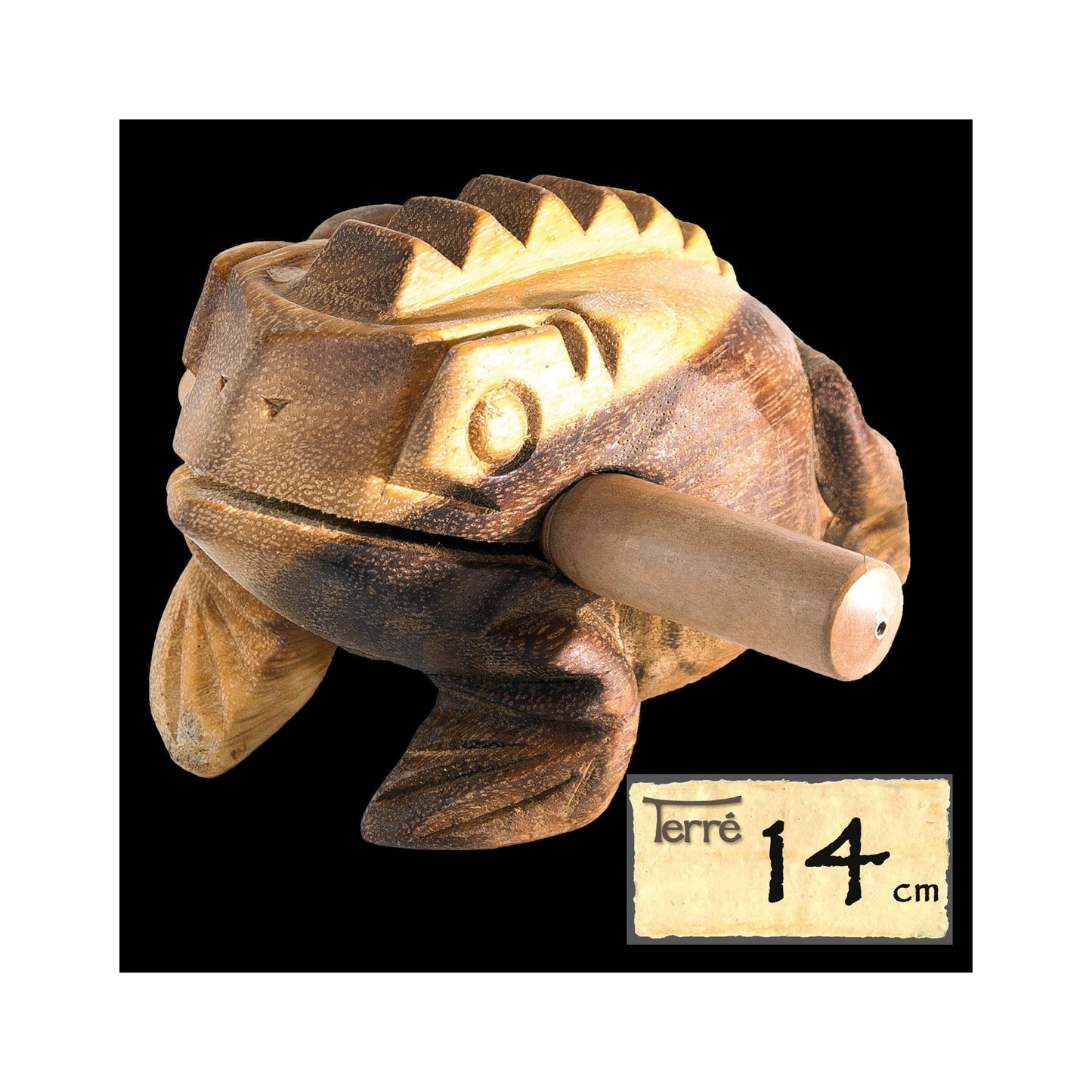 Guiro en bois en forme de grenouille. 3 tailles au choix : de 6 à 20 cm. Livré avec bâton !