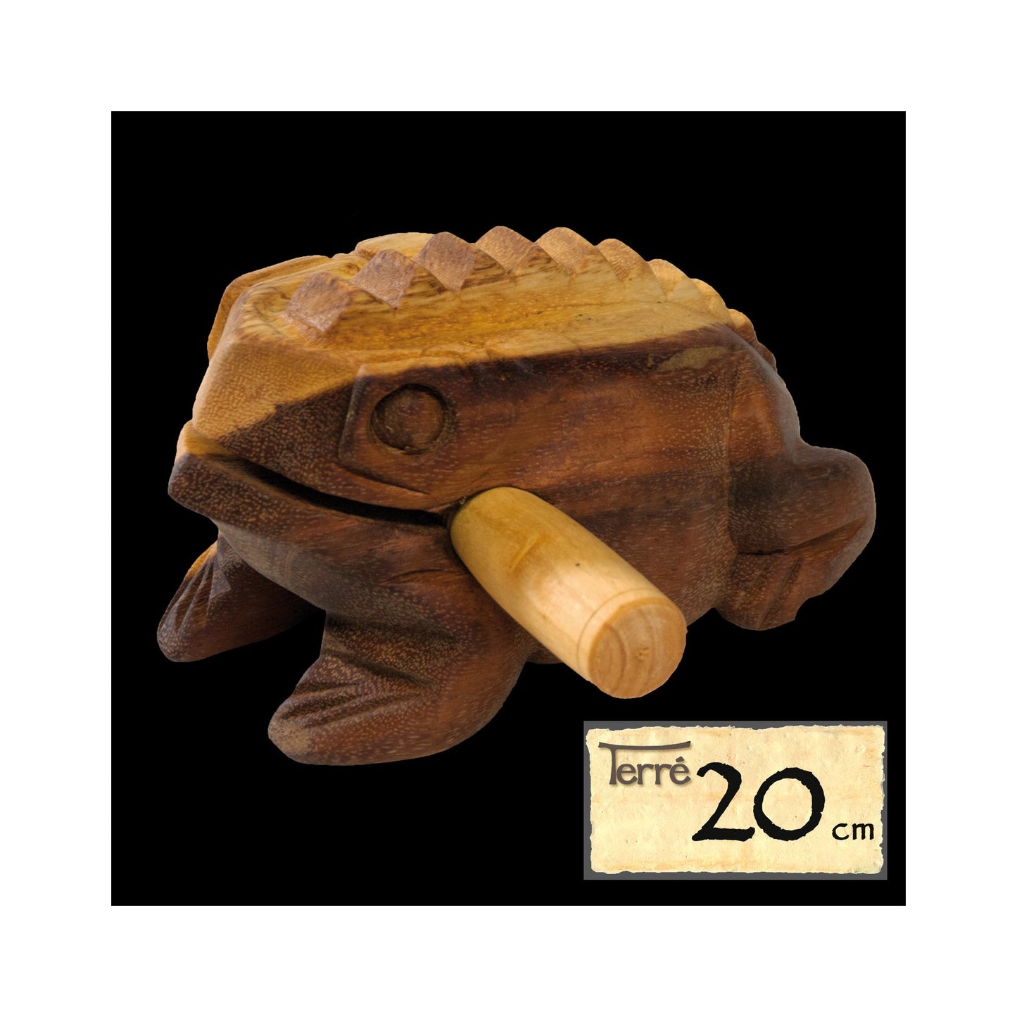 Guiro en bois en forme de grenouille. 3 tailles au choix : de 6 à 20 cm. Livré avec bâton !